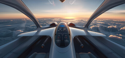 Naklejka premium A sleek and minimalist flight deck designed with large, slightly curved, panoramic windows that offer an expansive, uninterrupted view of the surrounding sky. The dashboard is minimalist.