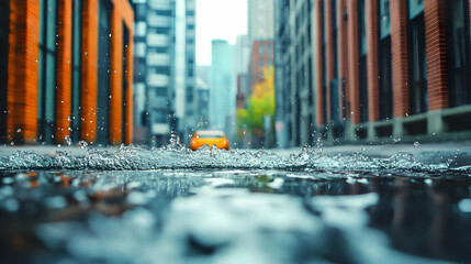 A rainy street scene with a focus on water splashes and a taxi.