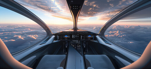 A sleek and minimalist flight deck designed with large, slightly curved, panoramic windows that offer an expansive, uninterrupted view of the surrounding sky. The dashboard is minimalist.
