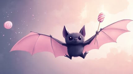A cute cartoon bat with pink wings joyfully flying while holding a lollipop, set against a whimsical pastel sky.