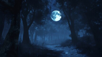 A misty forest path illuminated by a bright full moon.