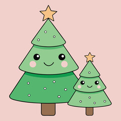 Adorable Cartoon Christmas Trees with Smiling Faces Vector Illustration, Cute Christmas Tree Illustration with Happy Faces and Stars