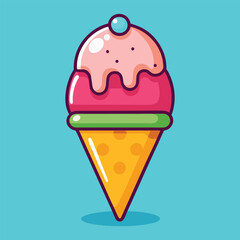 Cute Cartoon Ice Cream Cone with Colorful Scoops and Smiling Face, Adorable Ice Cream Cone Vector with Fun Toppings and Smiley