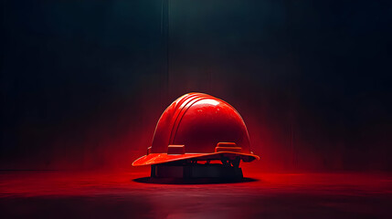 A red safety helmet illuminated in a dramatic setting.