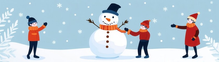 Children building a snowman, holiday cheer, flat design illustration