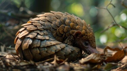 Fototapeta premium Pangolin Curled Up in Forest Leaves