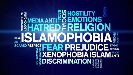 islamophobia animated word cloud;text design animation tag kinetic typography seamless loop.