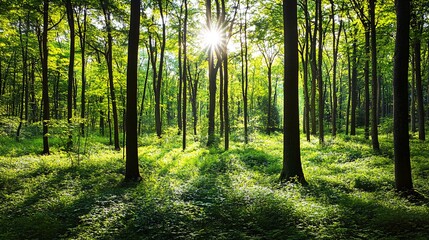 Fototapeta premium Sunbeams through the trees in a dense forest.
