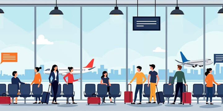 Flat Illustration: Lively Airport Terminal Scene