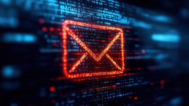 Futuristic email symbol illuminated in red against a digital background of binary code, representing modern communication and technology.