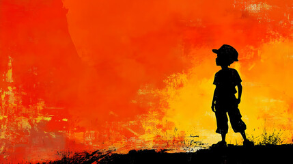 Obraz premium A silhouette of a child against a vibrant sunset background.