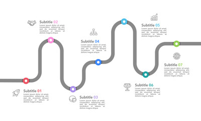 Business Timeline 7 Annual Business Milestones. Infographic roadmap design template. Business Presentation, Planning and Project. Vector Illustration.