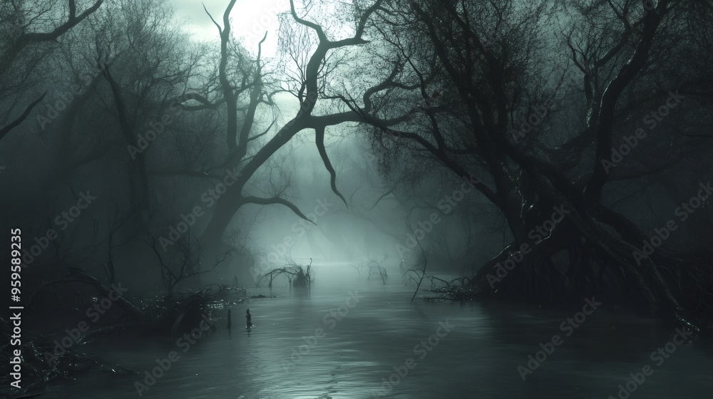 Poster a mysterious, foggy forest with a river running through it. the branches of the trees are silhouette