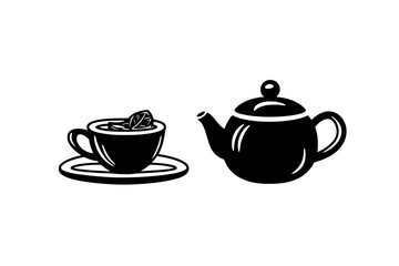 Teacup filled with chai beside a small teapot on a flat surface, vector illustration art