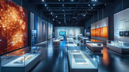 An advanced fabric exhibition showcasing the latest in smart textiles, interactive displays allowing visitors to touch and feel fabric samples, with digital screens explaining their technology.