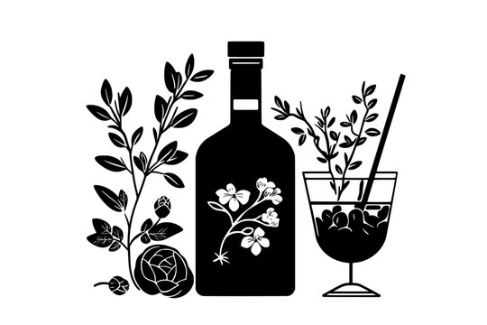 Open gin bottle with filled glass, garnished with botanicals and herbs, vector illustration art
