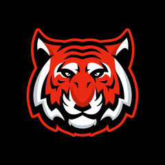 Red tiger head mascot logo on black background. Suitable for team, sport, business, and branding. 