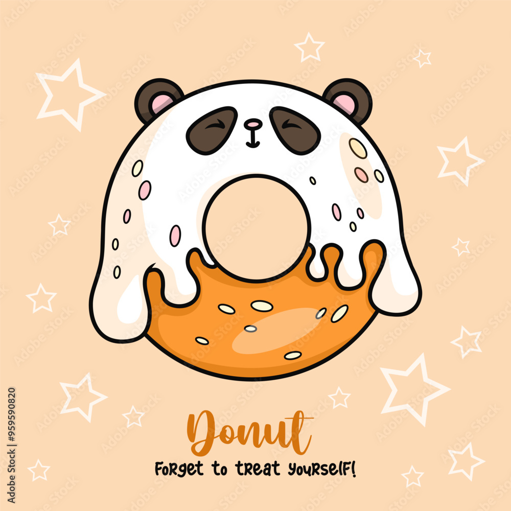 Wall mural funny sweet donut in shape of panda bear with drops of white icing. cute card with delicious pastrie