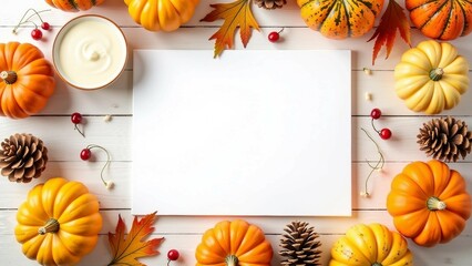 Obraz premium Autumn Thanksgiving Flat Lay with Pumpkins and Blank Space