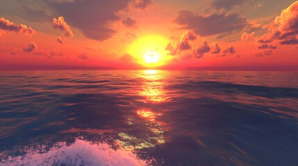 A fiery sunset over a calm ocean with clouds reflecting in the water.