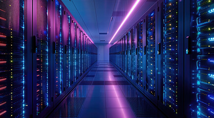 Fototapeta premium A virtual private server in a cloud provider data center, providing isolated resources, its status lights glowing softly in a controlled, cool environment. Generative AI.