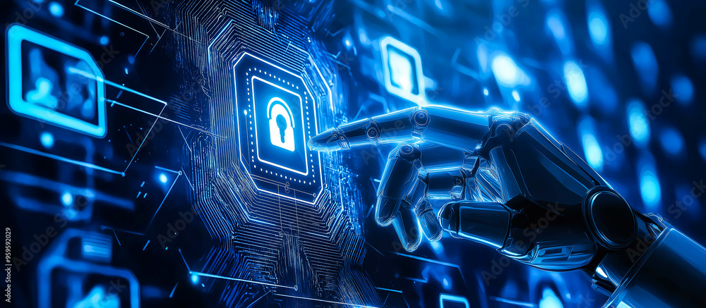 Poster a robot hand points towards a holographic display showcasing cyber security symbols. the intersectio