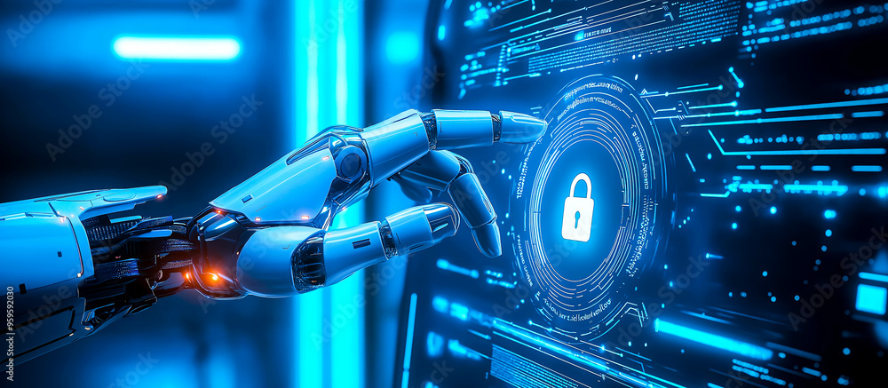 Poster a robot hand points towards a holographic display showcasing cyber security symbols. the intersectio