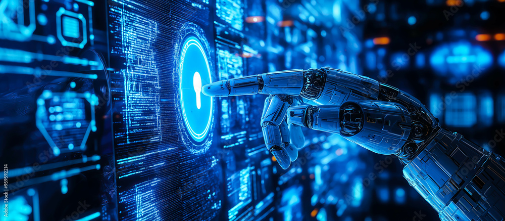 Poster a robot hand points towards a holographic display showcasing cyber security symbols. the intersectio