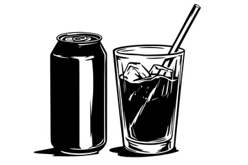 Unopened can next to a glass holding liquid, with a straw inserted, vector illustration art
