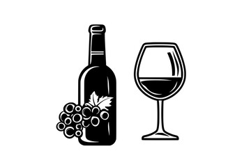 Uncorked bottle of red wine with a filled glass and grapes arranged around it, vector illustration art