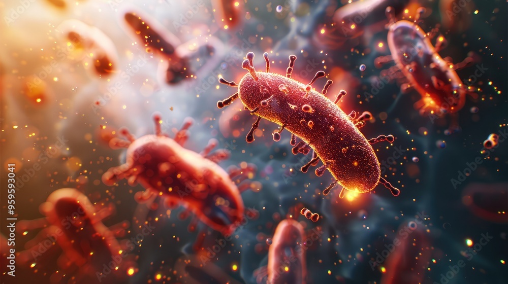 Poster A bacteria releasing toxins into a cell, with the toxins visible as tiny particles, highlighted in dark reds and oranges against a pale. Generative AI.