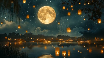Mystical Full Moon Night with Floating Lanterns Over a Tranquil Lake