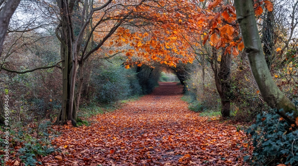 Poster a path covered in orange leaves leads through an autumnal forest with trees arching overhead, creati