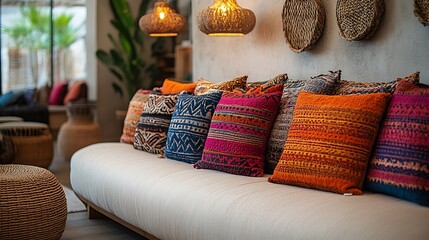 A warm and inviting bohemian living room, featuring a mix of patterned throw pillows in bold, tribal designs, arranged on a comfortable sofa. The space is accented with wooden elements, woven baskets,