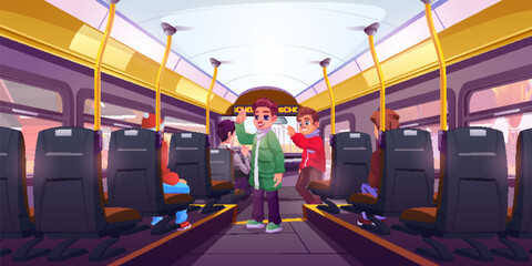 Boy waving inside bus. School transport chair back aisle interior background. Train seat for children passenger indoor. Commute or travel with autobus scene. Public city vehicle modern design © klyaksun