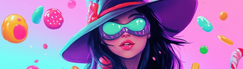 Fototapeta premium A vibrant and playful portrait of a woman in a colorful hat and sunglasses, surrounded by cheerful candy shapes.