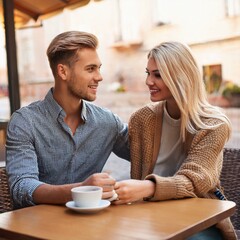 Fototapeta premium beautiful young blond Caucasian couple (woman and man) seated in