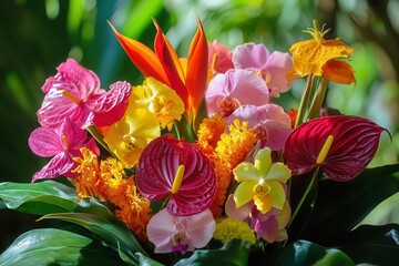 Obraz premium A stunning arrangement of tropical flowers including orchids and birds of paradise creates a vibrant and lively atmosphere indoors. Generative AI