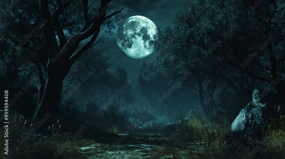 Poster a mysterious moonlit forest path with large trees casting long shadows and a full moon in the sky.