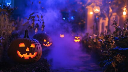 Obraz premium Ghostly Halloween Garden with Glowing Jack-o'-Lanterns