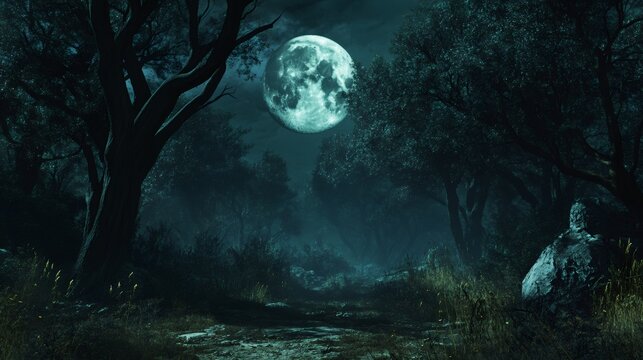 A mysterious moonlit forest path with large trees casting long shadows and a full moon in the sky.