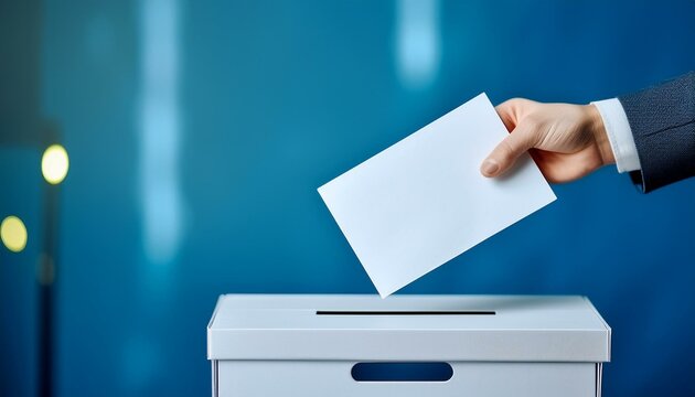 Detail von einer m&auml;nnlichen Hand, die einen Wahlzettel in die Wahlurne reinwirft