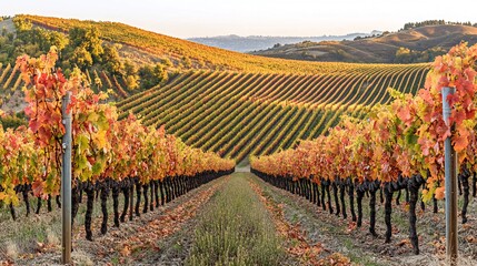 Naklejka premium Rows of grapevines with autumn foliage leading to a valley in the distance.
