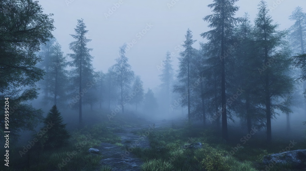 Poster a mysterious path winds through a dense, foggy forest, sunlight barely penetrating the dense canopy.