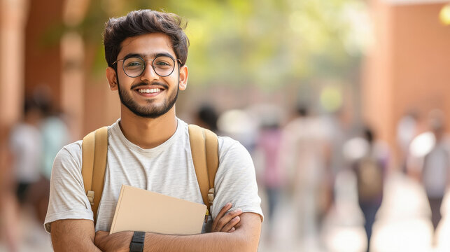 young indian college student standing at college campus