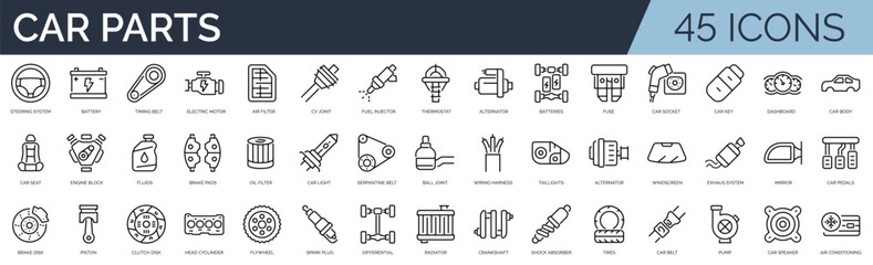 Fototapeta premium Set of 45 outline icons related to car parts. Linear icon collection. Editable stroke. Vector illustration