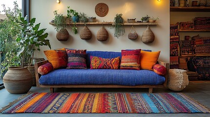 Bohemian living room with an eclectic mix of ethnic prints in the upholstery and textiles, featuring vibrant global patterns on cushions and rugs. The space is complemented by woven decor,