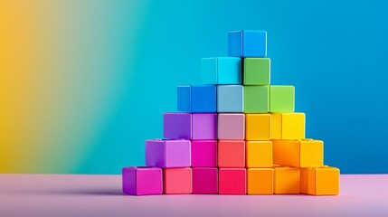 Obraz premium Stacked plastic toy blocks in a pyramid shape, highlighted by sharp lighting and strong color contrast, stacked blocks, structured fun play