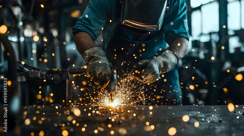 Poster a welder creating sparks while working in an industrial setting.