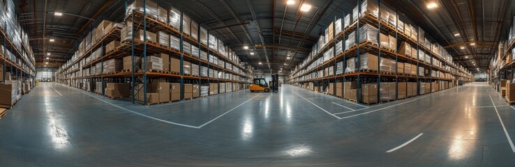 Fototapeta premium A wide shot of a warehouse with rows of shelves filled with boxes, a forklift in the middle, and a smooth concrete floor.